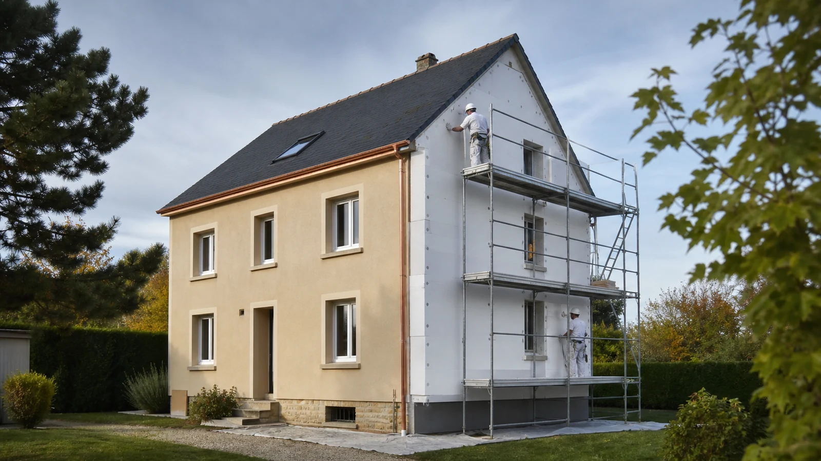 Maison mosellane en cours d’isolation thermique par l’extérieur avec façade partiellement rénovée
