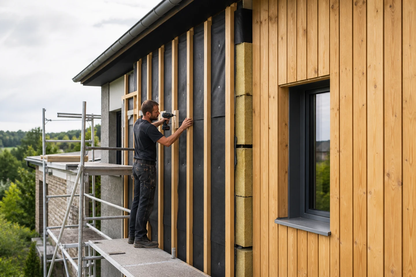 Pose d’une ossature ventilée et d’un bardage bois devant l’isolant extérieur