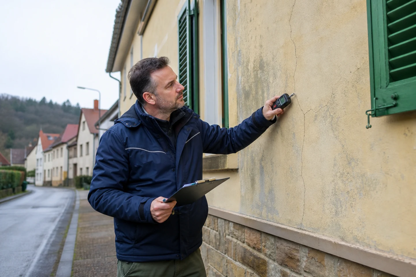 Professionnel examinant l’humidité et les fissures d’une façade ancienne