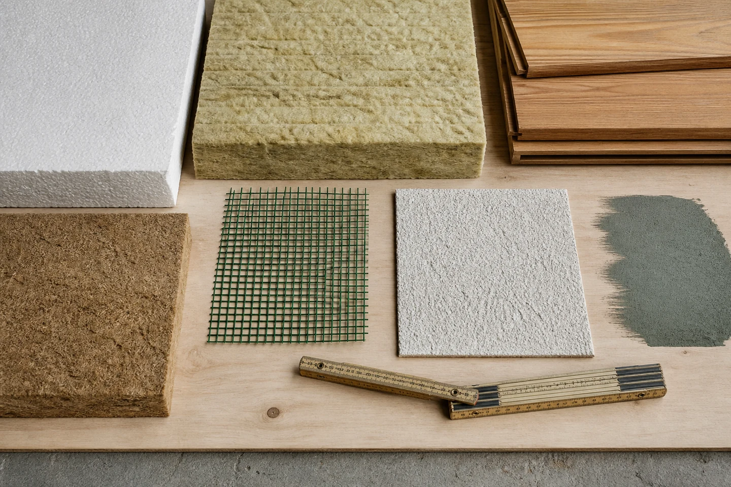 Échantillons de PSE, laine minérale, fibre de bois, treillis, enduit et bardage