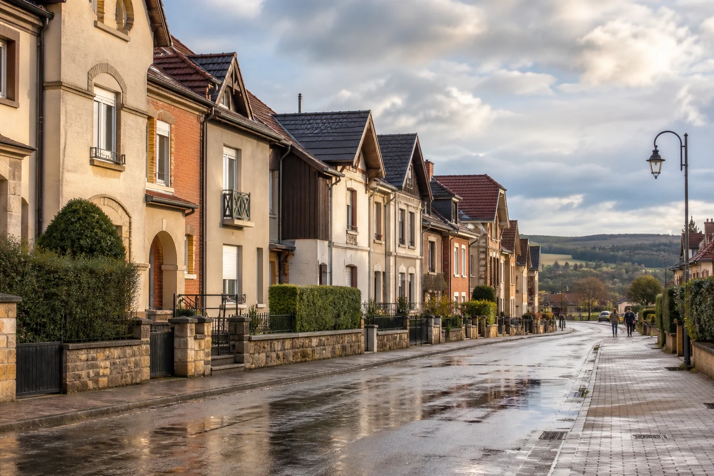 Rue de maisons lorraines aux façades minérales après une averse