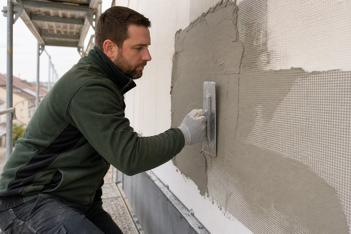 Incorporation du treillis dans la couche de base d’une isolation thermique par l’extérieur sous enduit