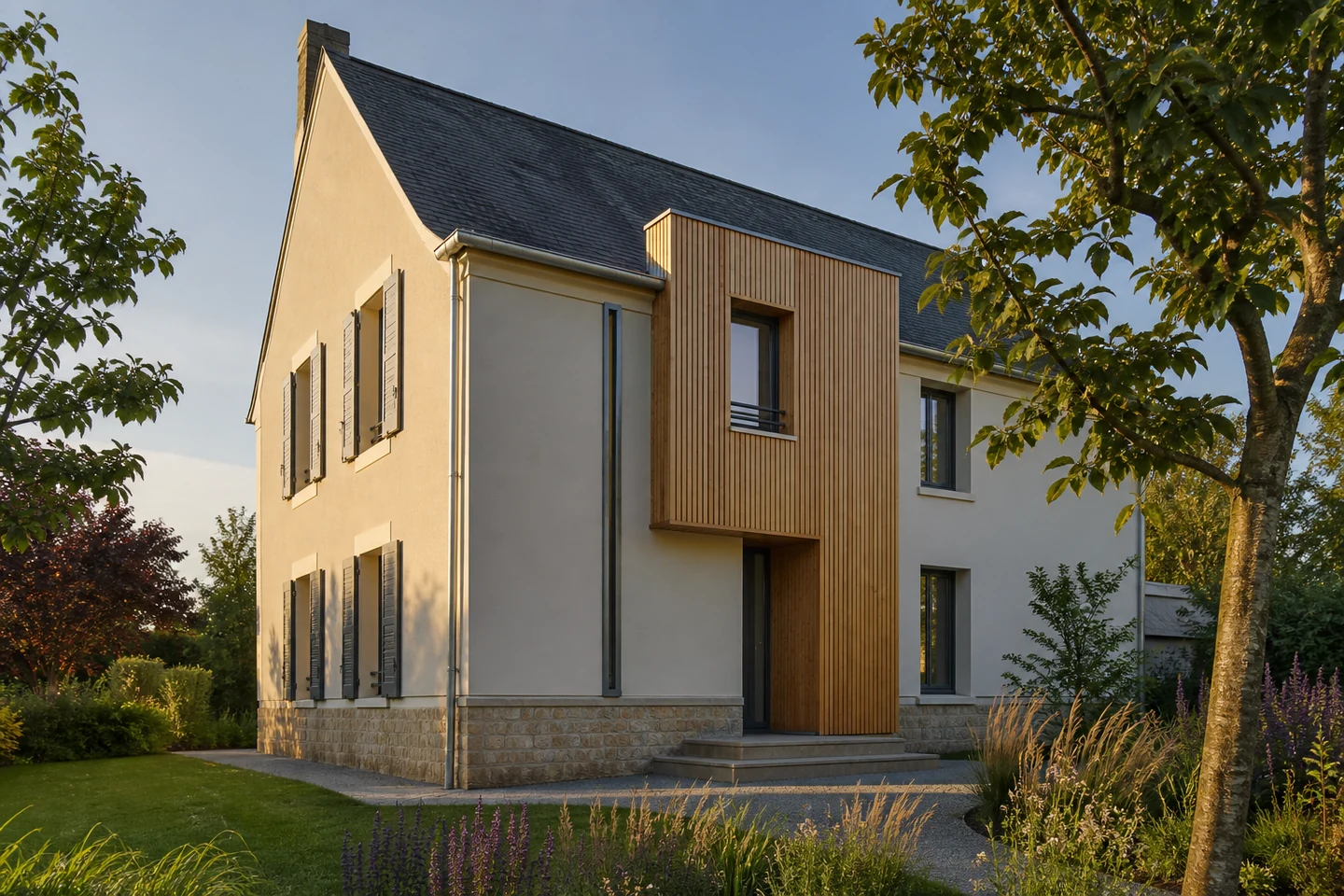 Maison rénovée associant enduit clair et accent de bardage bois