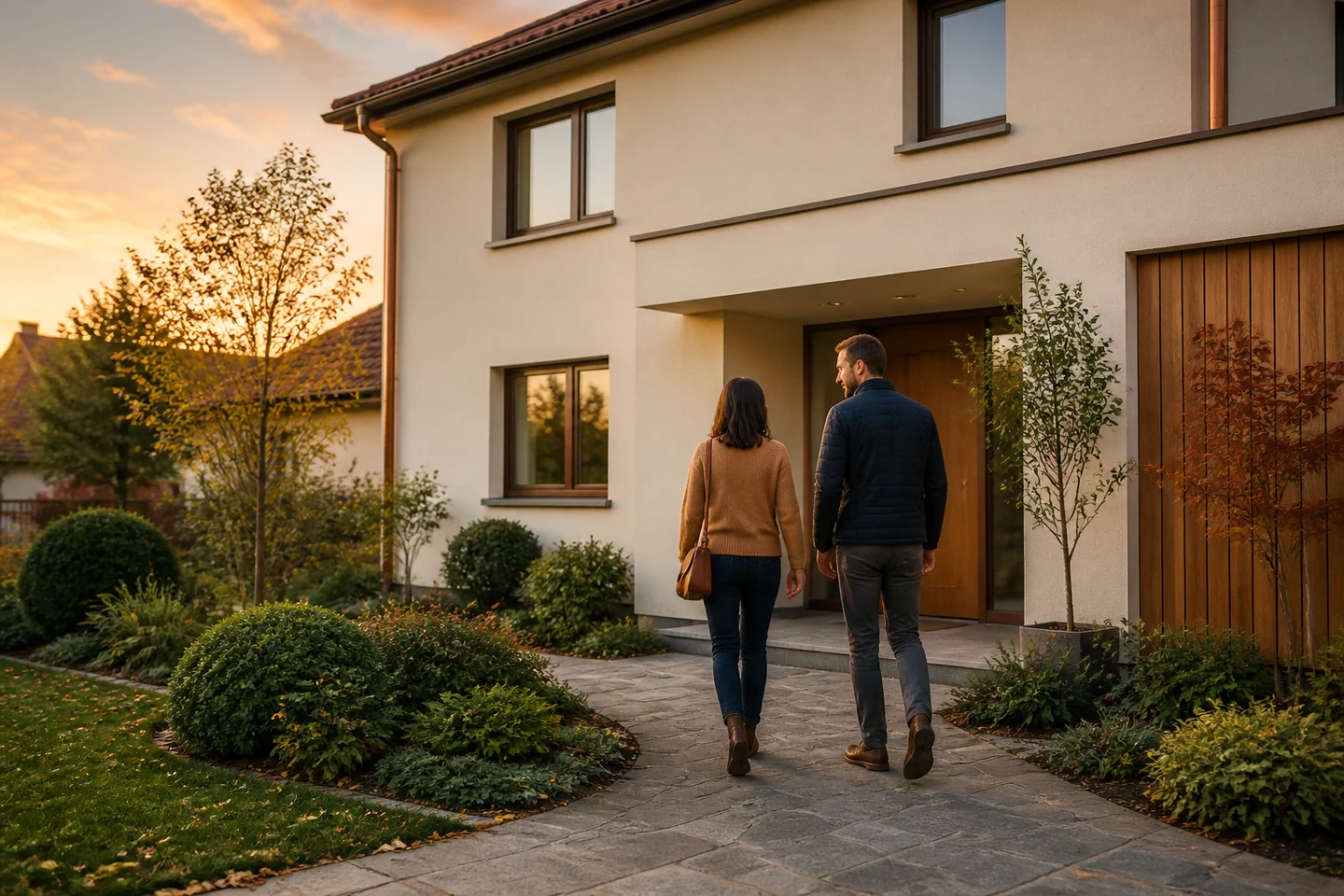 Couple rejoignant une maison confortable dont la façade vient d’être isolée